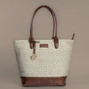 Chandan Khari Ivory Diamond Pattern Tote Bag with Brown Leather Base | Handwoven Everyday Shoulder Bag