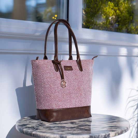 Vintage Wine Textured Red Tote Bag with Brown Leather Base | Handcrafted Classic Shoulder Bag