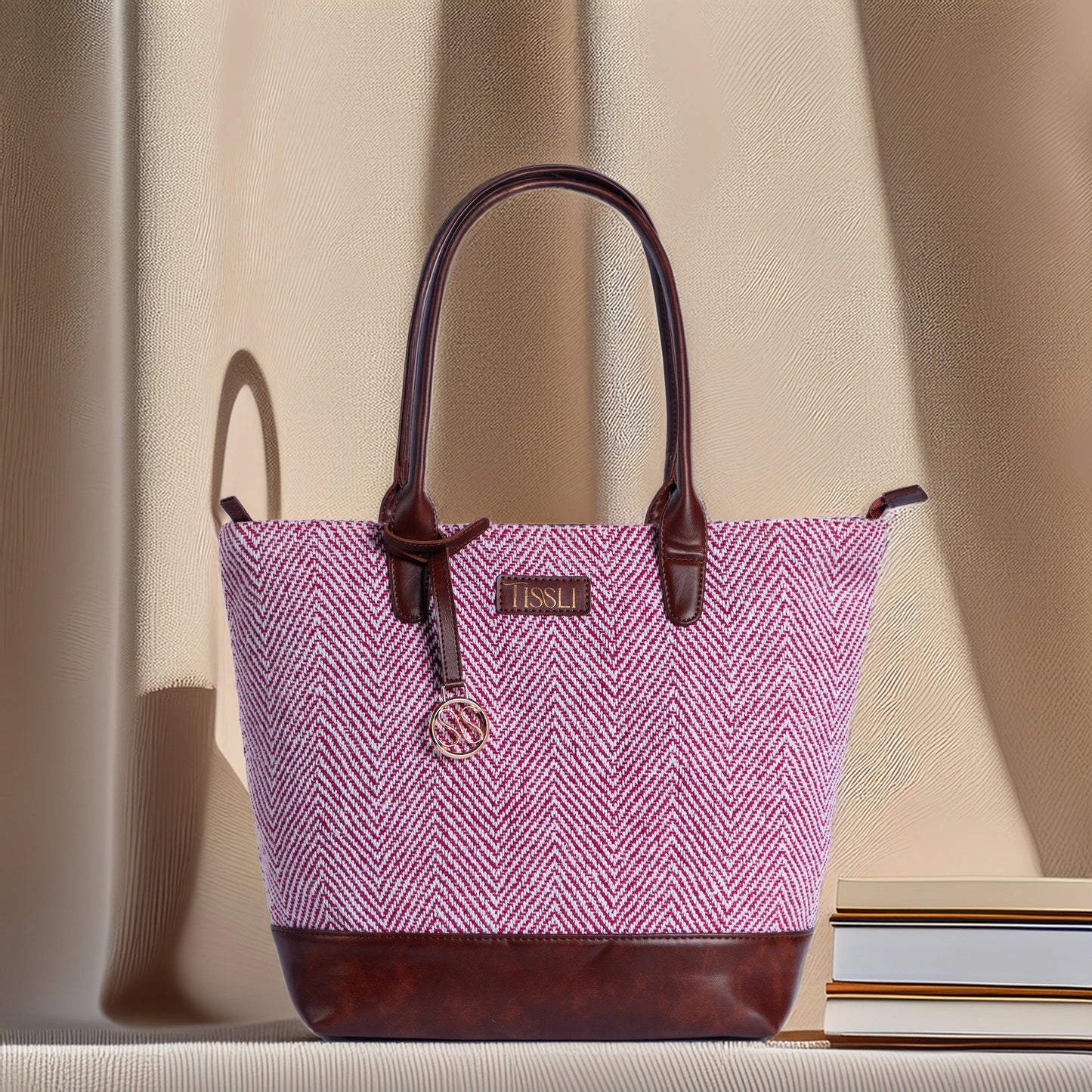 Vintage Wine Textured Red Tote Bag with Brown Leather Base | Handcrafted Classic Shoulder Bag