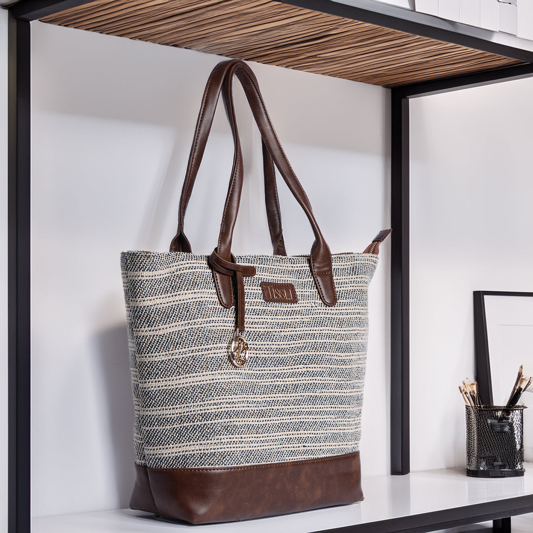 Handwoven Stripe Tote Bag | Classic neutral-toned weave with leather accents for everyday use