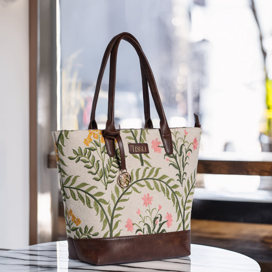 Gulzar Floral Embroidered Tote Bag with Brown Leather Base | Handcrafted Everyday Shoulder Bag