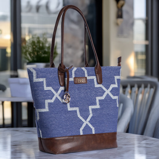 Indigofera Lattice Tote Bag | Handwoven blue and white geometric design for a refined everyday look