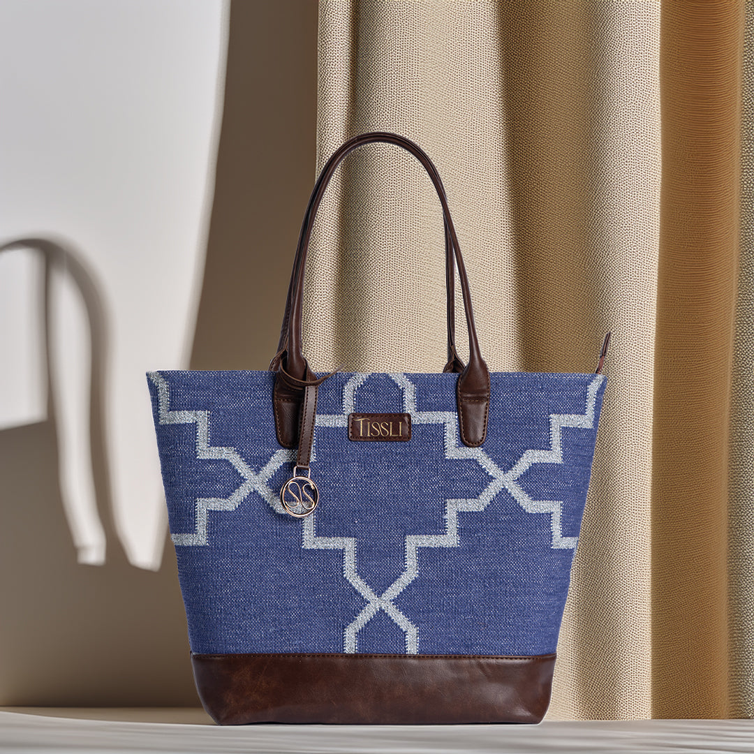 Indigofera Lattice Tote Bag | Handwoven blue and white geometric design for a refined everyday look