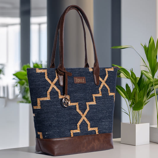 Celestial Lattice Tote Bag | Handwoven navy and gold design inspired by timeless lattice patterns