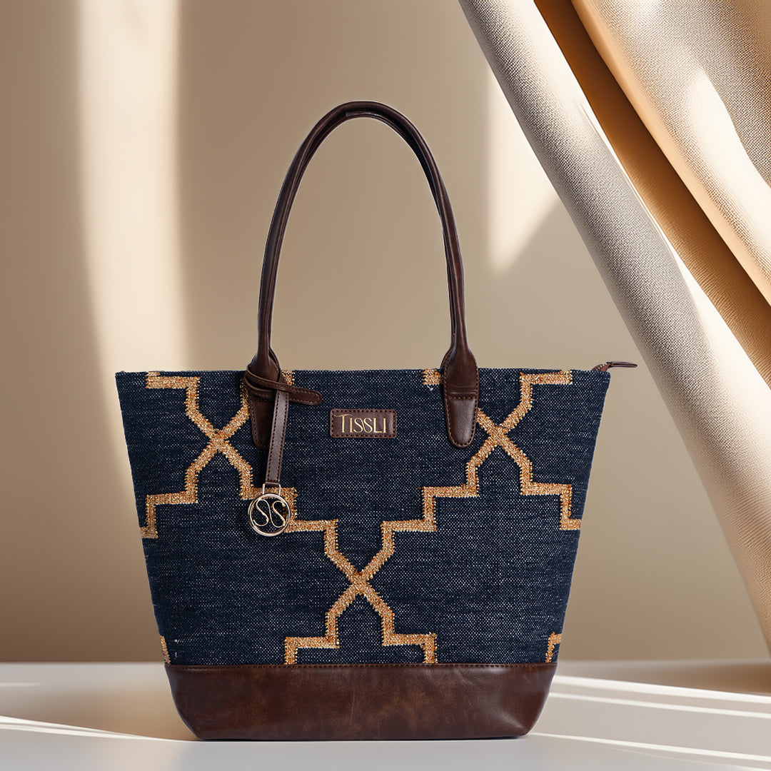 Celestial Lattice Tote Bag | Handwoven navy and gold design inspired by timeless lattice patterns