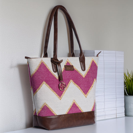 Fuchsia Fusion Pink Chevron Shoulder Bag with Brown Leather Base | Handcrafted Statement Tote Bag