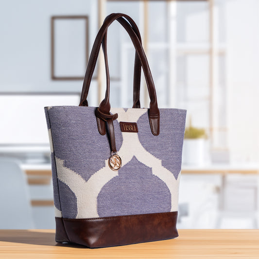 Rajasthani Trellis Blue Pattern Tote Bag with Brown Leather Base | Handcrafted Heritage Shoulder Bag