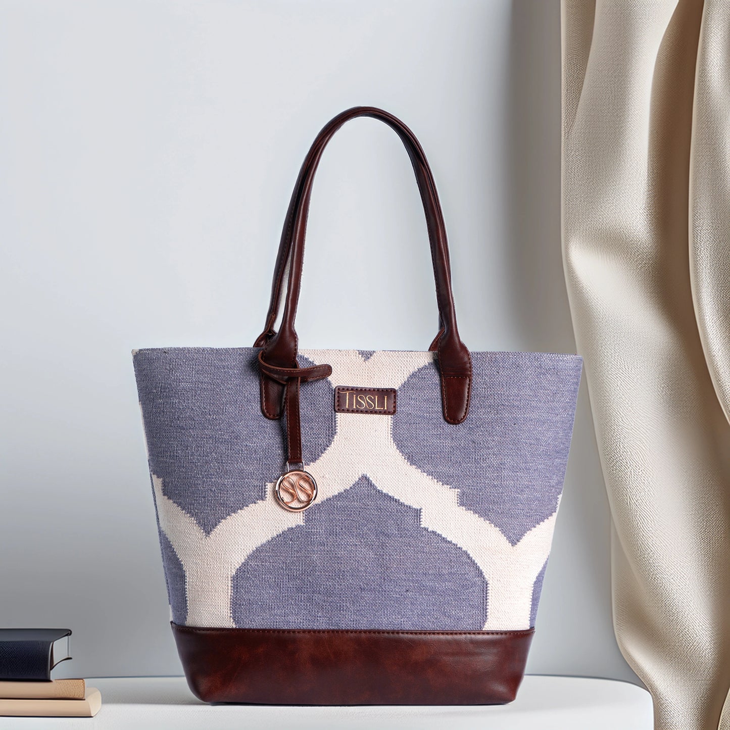 Rajasthani Trellis Blue Pattern Tote Bag with Brown Leather Base | Handcrafted Heritage Shoulder Bag