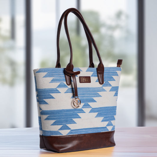 Mountain Mist Blue Geometric Tote Bag with Brown Leather Base | Handwoven Everyday Shoulder Bag