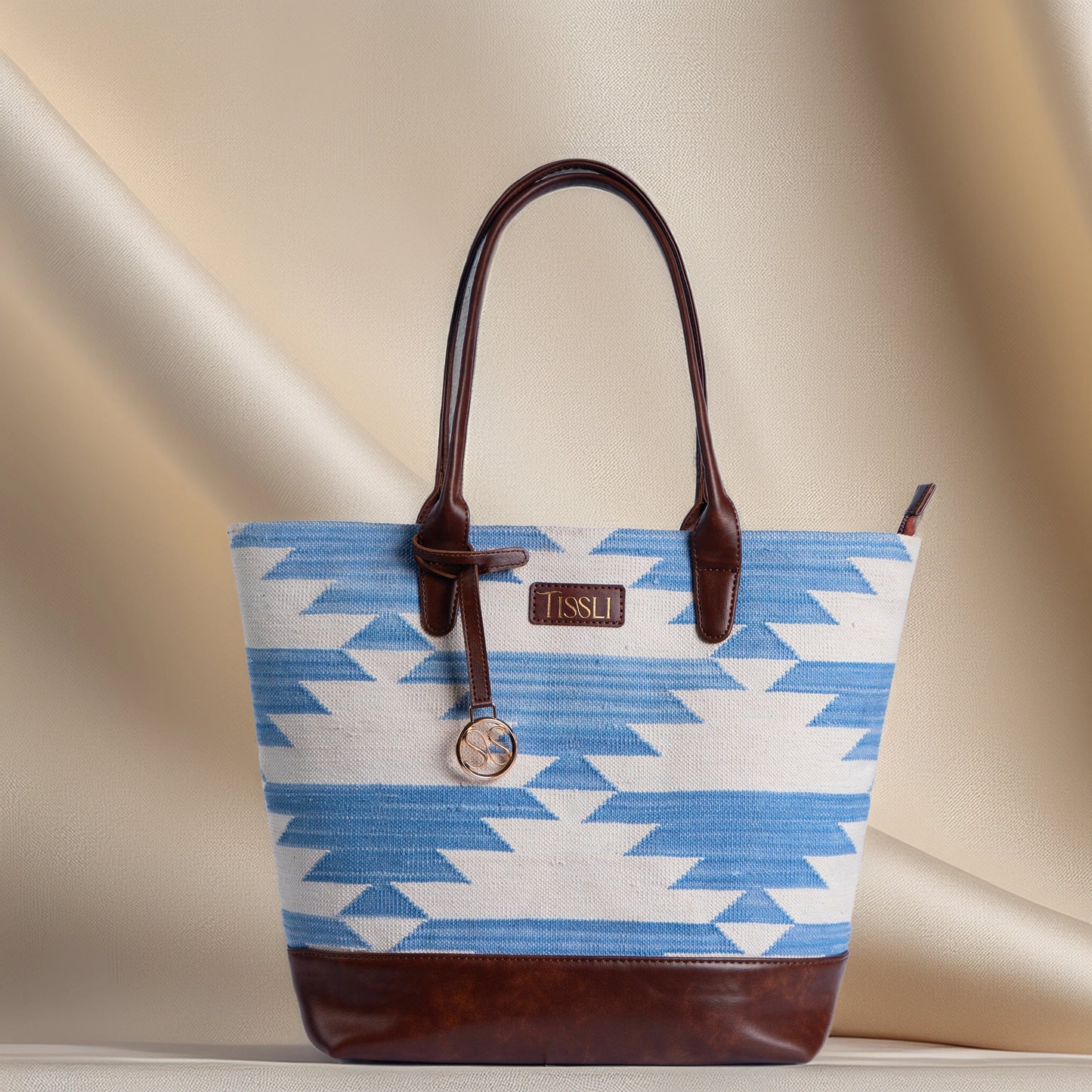 Mountain Mist Blue Geometric Tote Bag with Brown Leather Base | Handwoven Everyday Shoulder Bag