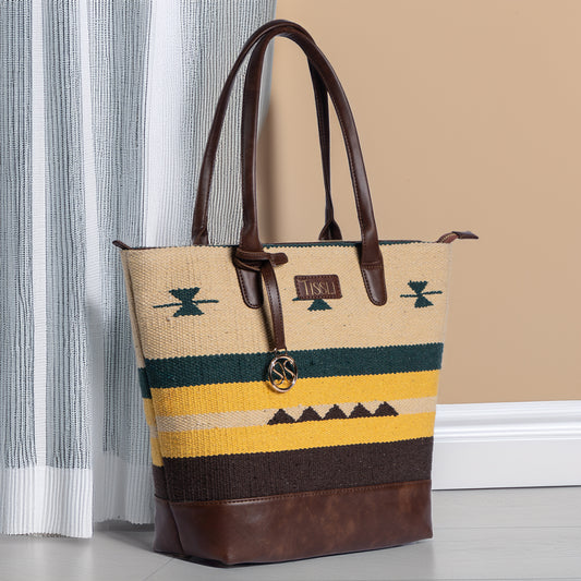 Canyon Stripes Tote Bag | A warm blend of mustard, green, and brown stripes for everyday elegance