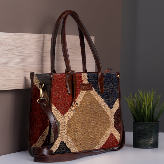 Gemstone Mosaic Multi-Color Shoulder Bag with Brown Leather Trim | Handwoven Everyday Tote Bag