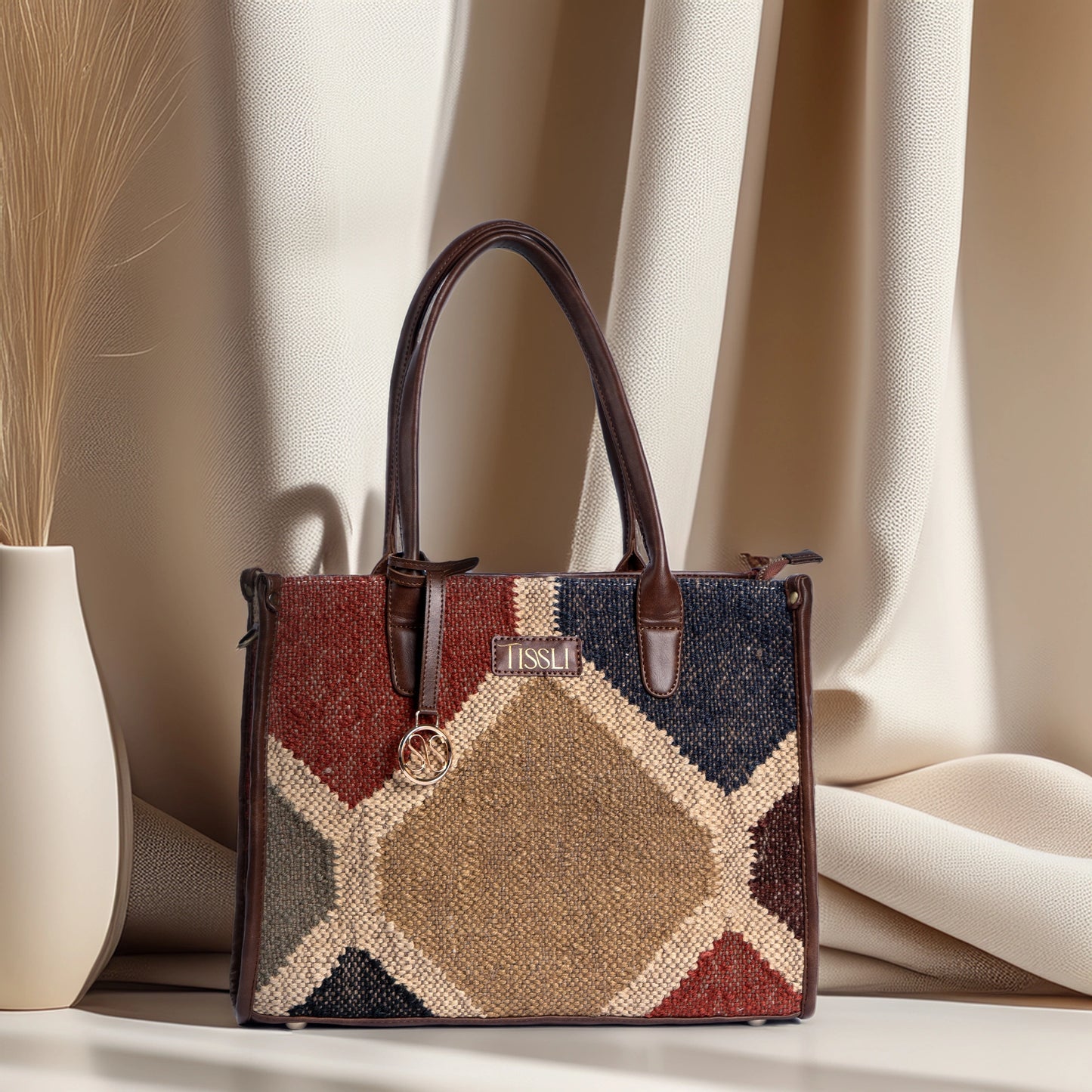 Gemstone Mosaic Multi-Color Shoulder Bag with Brown Leather Trim | Handwoven Everyday Tote Bag
