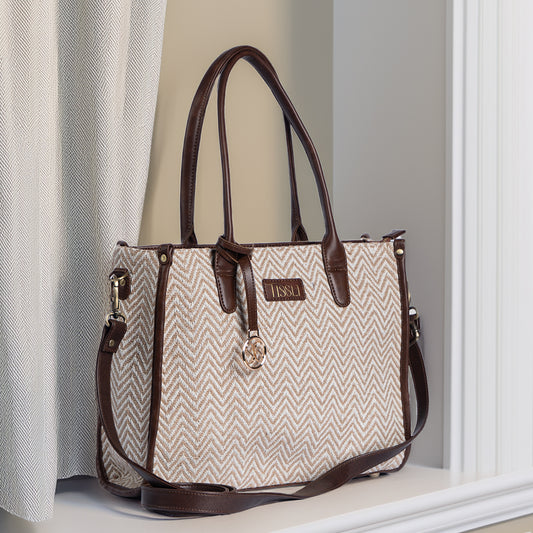 Desert Mirage Beige Chevron Tote Bag with Brown Leather Base | Handwoven Everyday Shoulder Bag