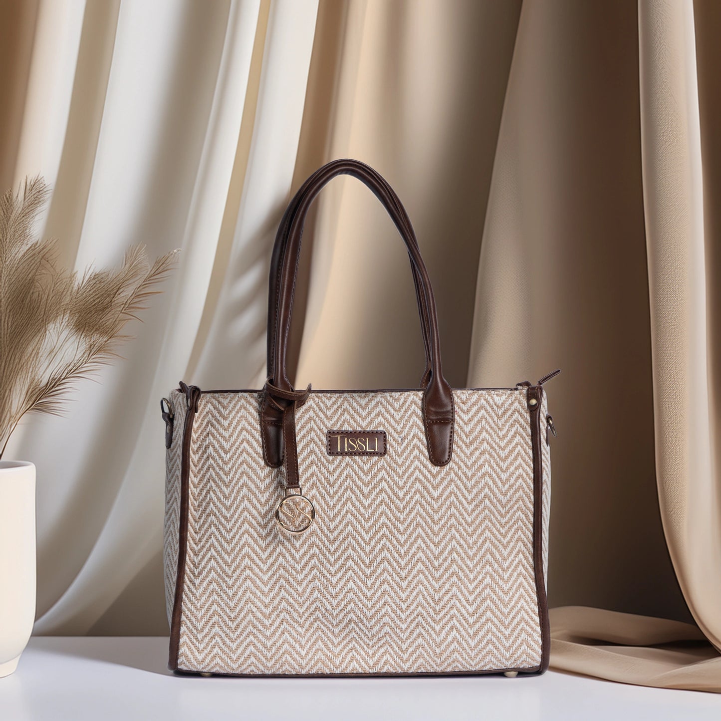 Desert Mirage Beige Chevron Tote Bag with Brown Leather Base | Handwoven Everyday Shoulder Bag