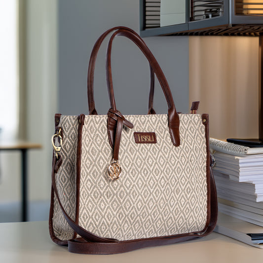 Chandan Khari Ivory Diamond Weave Tote Bag with Brown Leather Handles | Handwoven Everyday Shoulder Bag