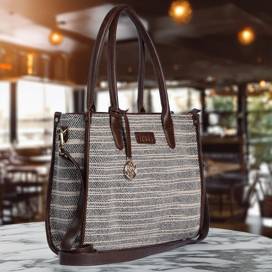 Handwoven Stripe Tote Bag | Classic neutral weave with leather detailing for timeless everyday elegance