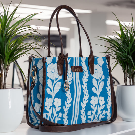 Chikankari Grace Tote Bag | Elegant handcrafted tote with white floral embroidery on a blue base