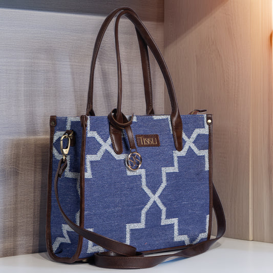 Indigofera Lattice Tote Bag | Handcrafted blue geometric weave inspired by timeless lattice patterns