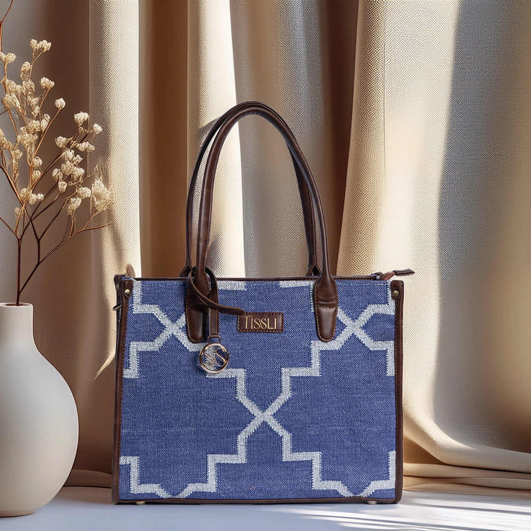 Indigofera Lattice Tote Bag | Handcrafted blue geometric weave inspired by timeless lattice patterns
