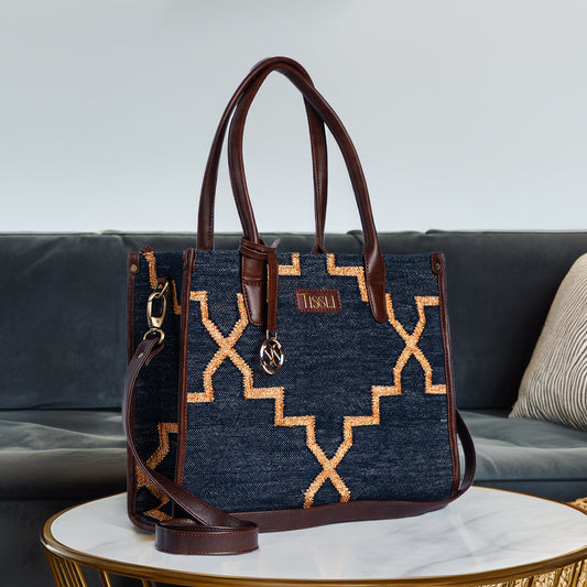 Celestial Lattice Denim Blue Tote Bag with Tan Leather Detailing | Handcrafted Structured Shoulder Bag