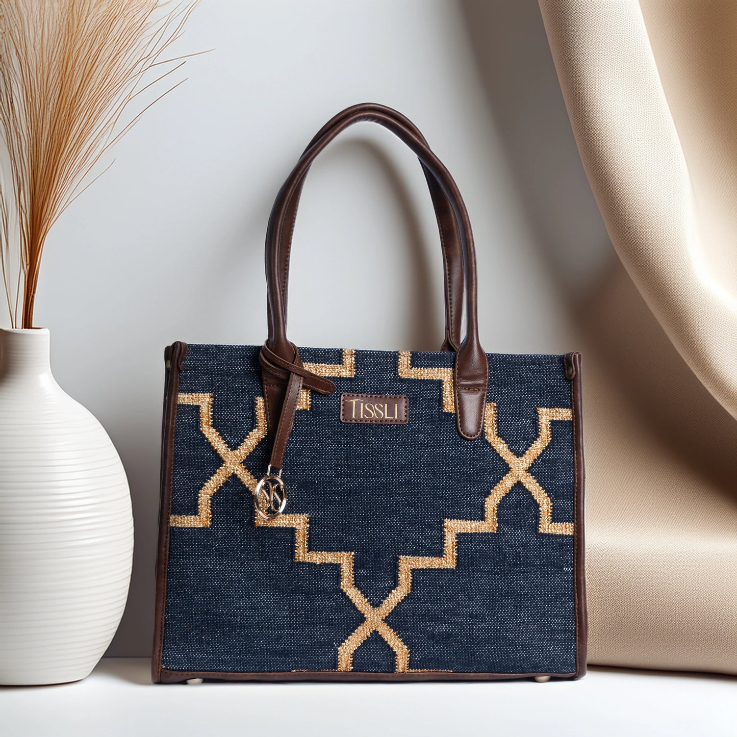 Celestial Lattice Denim Blue Tote Bag with Tan Leather Detailing | Handcrafted Structured Shoulder Bag