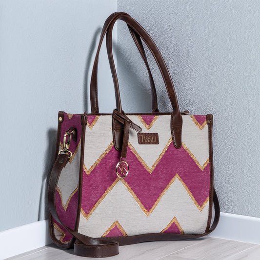 Fuchsia Fusion Tote Bag | Handwoven pink and white chevron pattern with a modern, vibrant twist