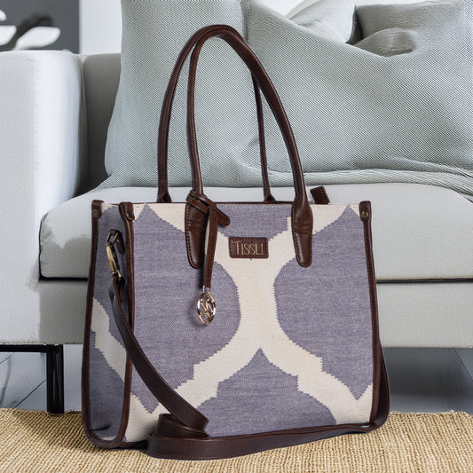 Rajasthani Trellis Tote Bag | Subtle geometric pattern crafted in soft handloom fabric with leather accents