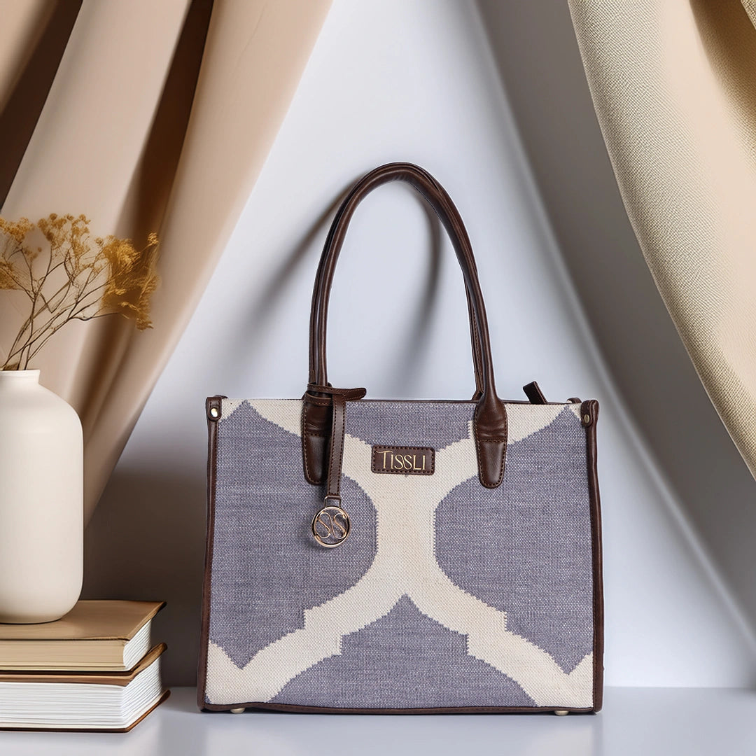 Rajasthani Trellis Tote Bag | Subtle geometric pattern crafted in soft handloom fabric with leather accents