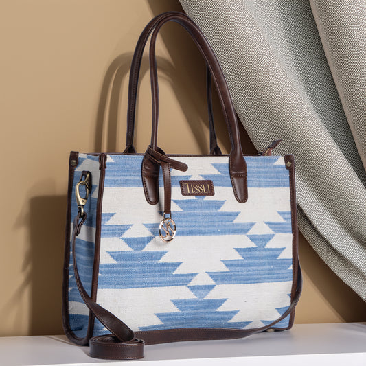 Mountain Mist Tote Bag | Handwoven blue and white design inspired by serene mountain mornings