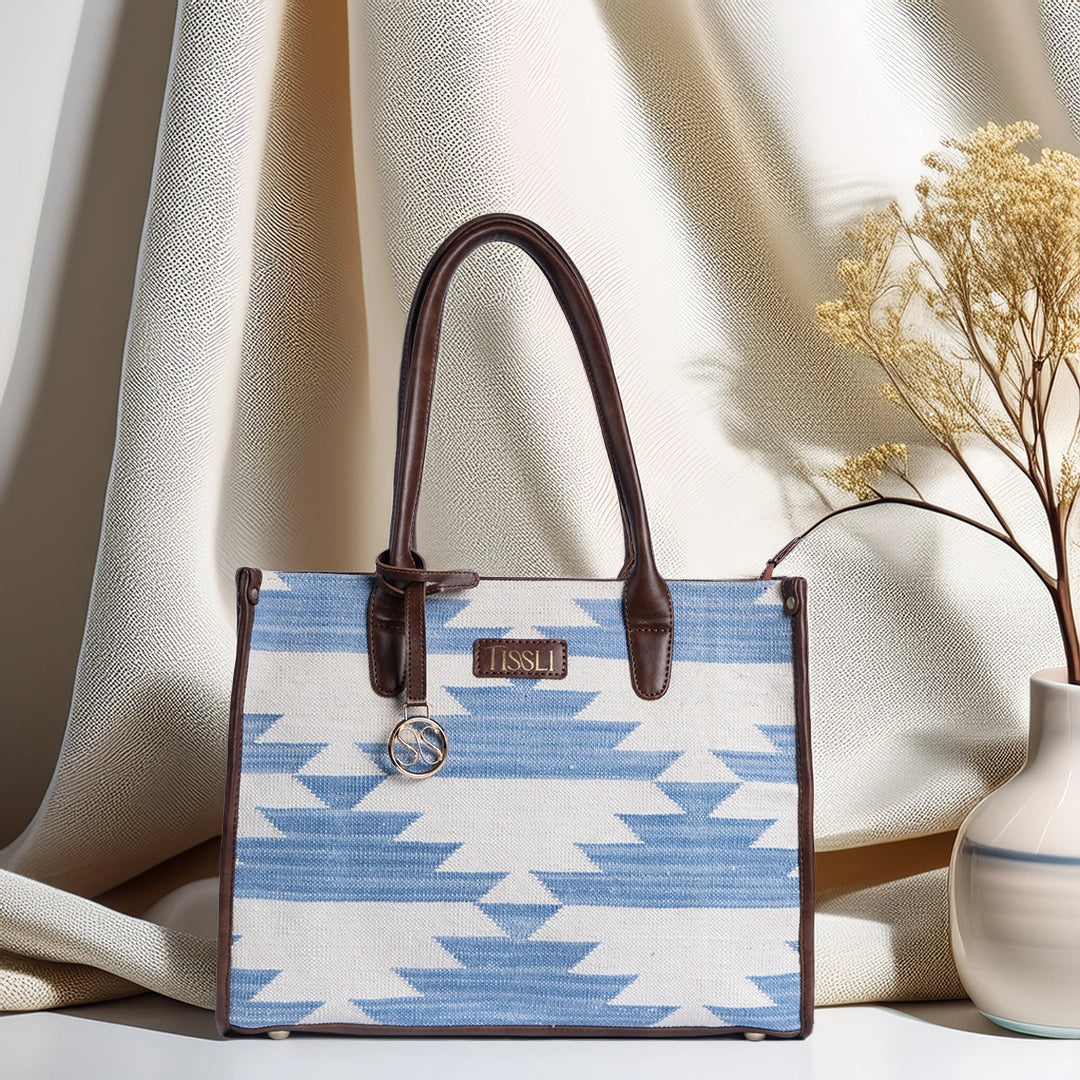 Mountain Mist Tote Bag | Handwoven blue and white design inspired by serene mountain mornings