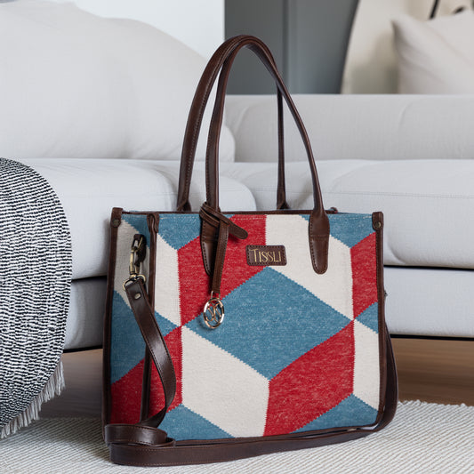 Illusionist Tri-Color Geometric Tote Bag with Brown Leather Handles | Handwoven Statement Shoulder Bag
