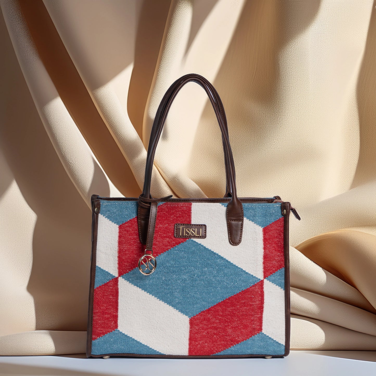 Illusionist Tri-Color Geometric Tote Bag with Brown Leather Handles | Handwoven Statement Shoulder Bag