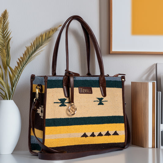 Canyon Stripes Yellow & Teal Pattern Tote Bag with Brown Leather Base | Handwoven Everyday Shoulder Bag