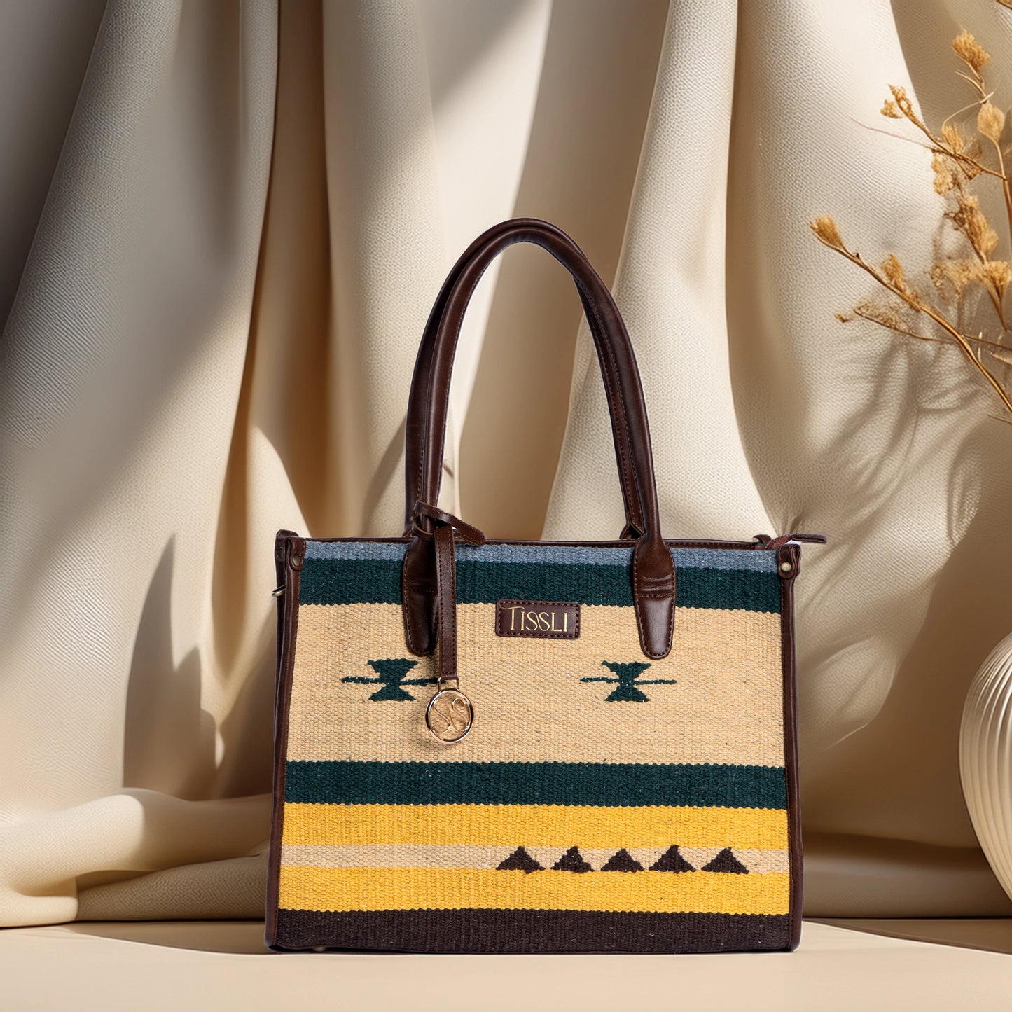 Canyon Stripes Yellow & Teal Pattern Tote Bag with Brown Leather Base | Handwoven Everyday Shoulder Bag