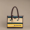 Canyon Stripes Yellow & Teal Pattern Tote Bag with Brown Leather Base | Handwoven Everyday Shoulder Bag