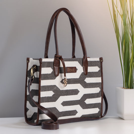 Shadow Maze Black & White Geometric Tote Bag with Brown Leather Base | Handcrafted Everyday Shoulder Bag