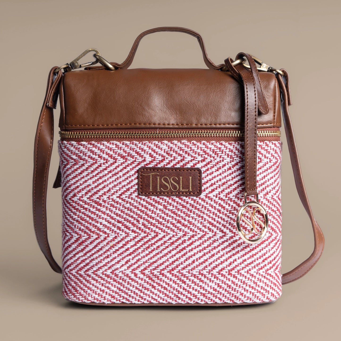 Vintage Wine Chevron Cross Body Bag with Tan Leather Detailing | Handwoven Statement Bag