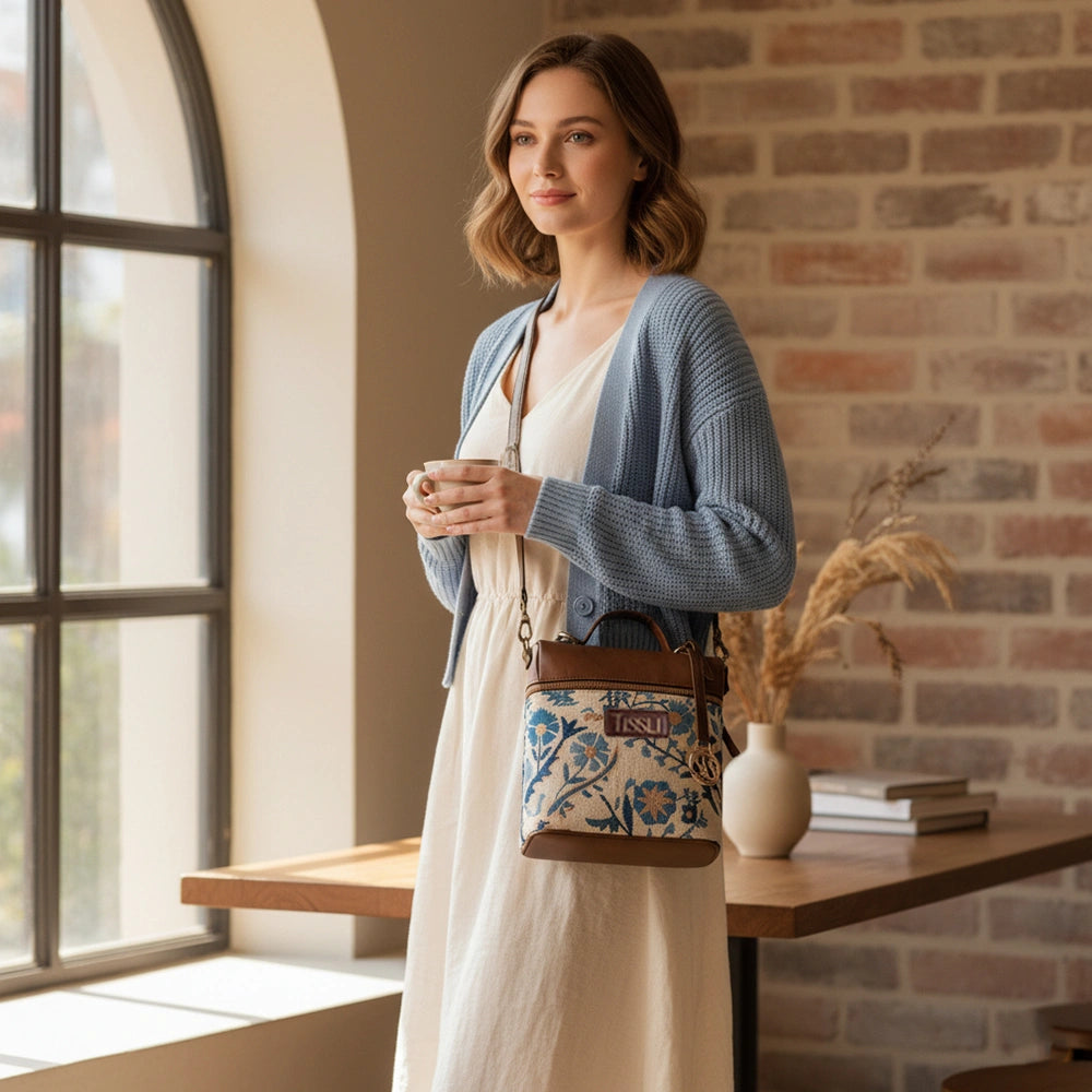 Paisley Paradise Blue Floral Backpack with Brown Leather Detailing | Handwoven Everyday Travel Bag