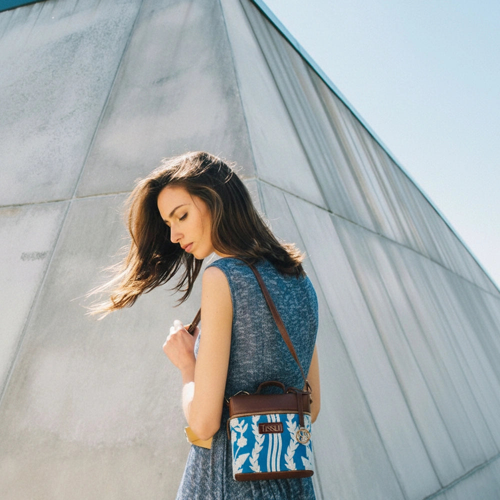 Chikankari Backpack | Blue handwoven design with delicate white embroidery for everyday elegance