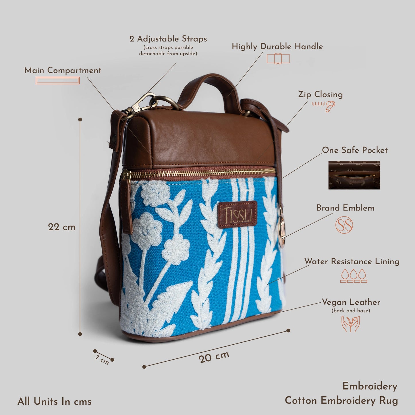 Chikankari Backpack | Blue handwoven design with delicate white embroidery for everyday elegance