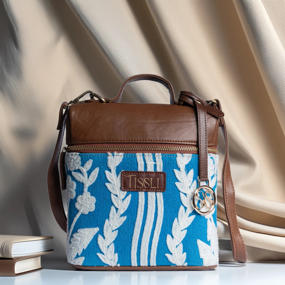 Chikankari Backpack | Blue handwoven design with delicate white embroidery for everyday elegance