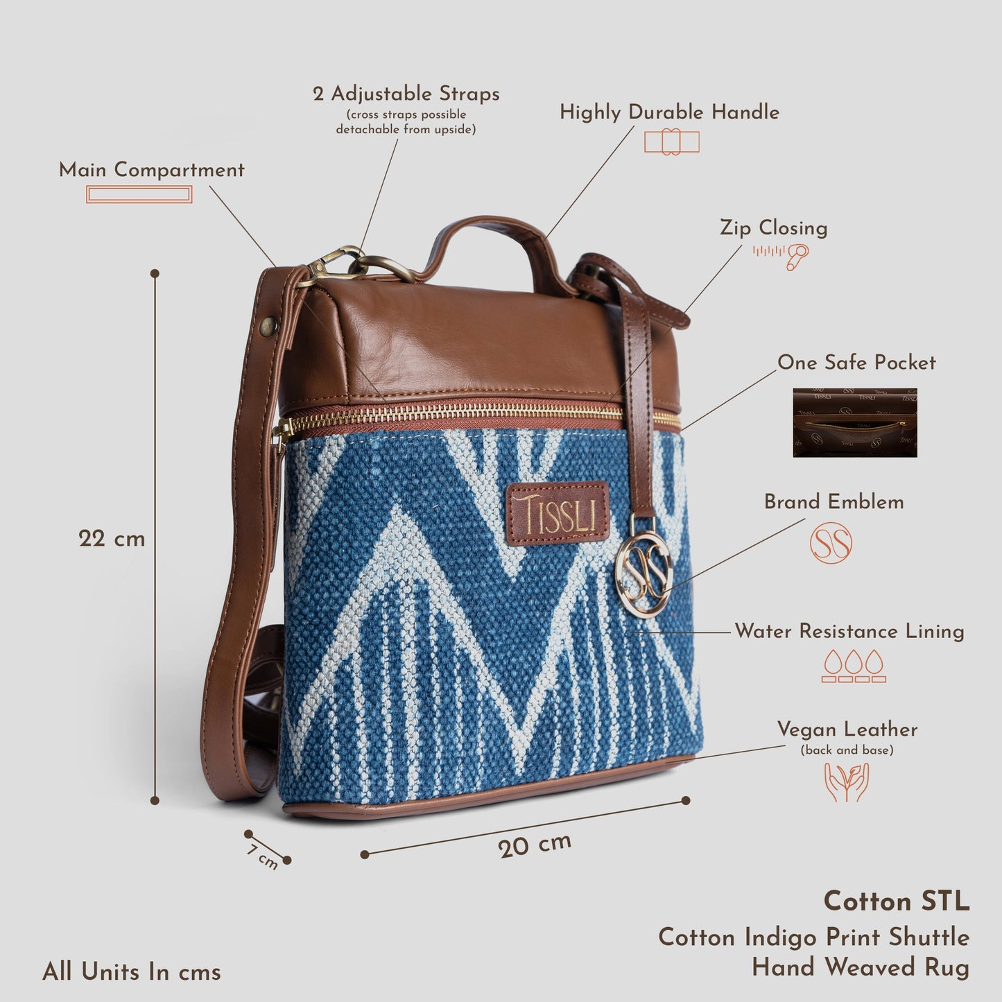Indigo Chevron Pattern Cross Body Bag with Leather Detailing | Handcrafted Everyday Sling Bag