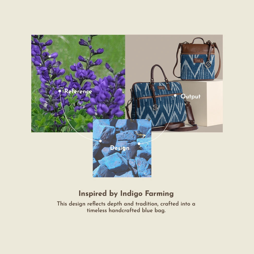 Indigo Chevron Pattern Cross Body Bag with Leather Detailing | Handcrafted Everyday Sling Bag
