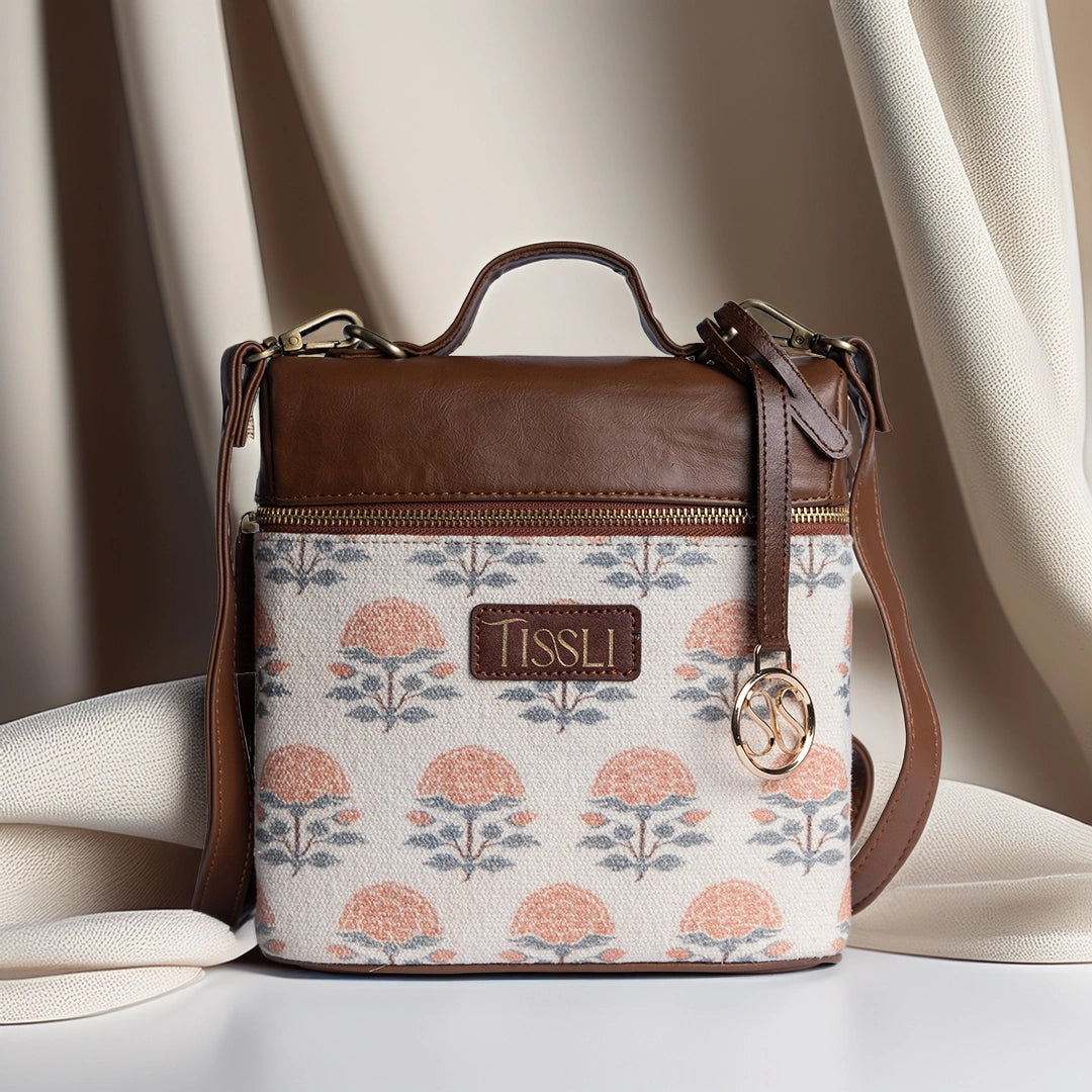 Floral Finesse Backpack | Handwoven soft beige design with delicate floral patterns for daily elegance