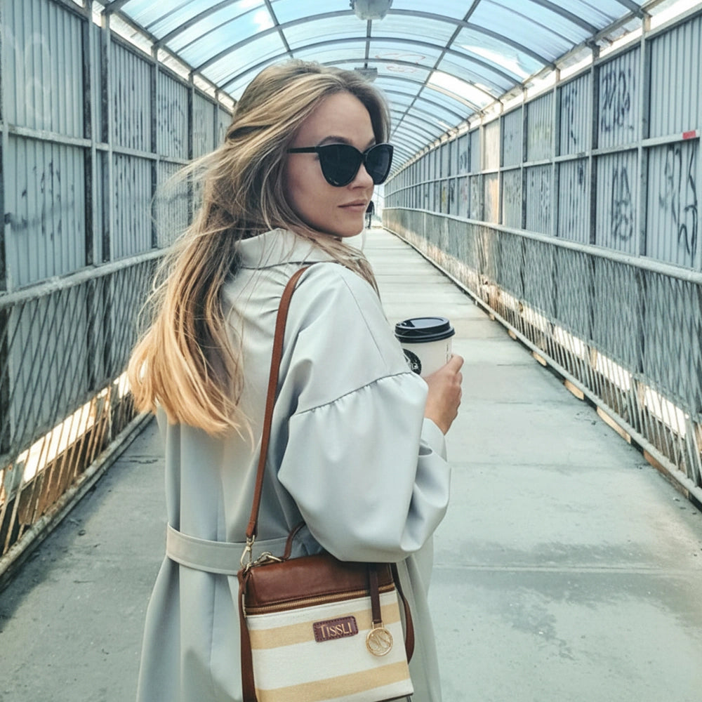 Desert Drift Beige Stripe Cross Body Bag with Tan Leather Finish | Handwoven Everyday Sling Bag