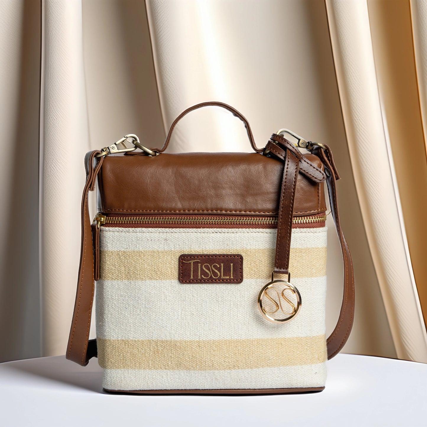 Desert Drift Beige Stripe Cross Body Bag with Tan Leather Finish | Handwoven Everyday Sling Bag