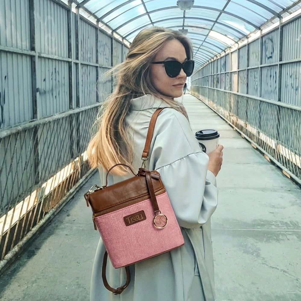 Roseate Canvas Backpack | Handwoven pink design with tan leather detailing for modern charm