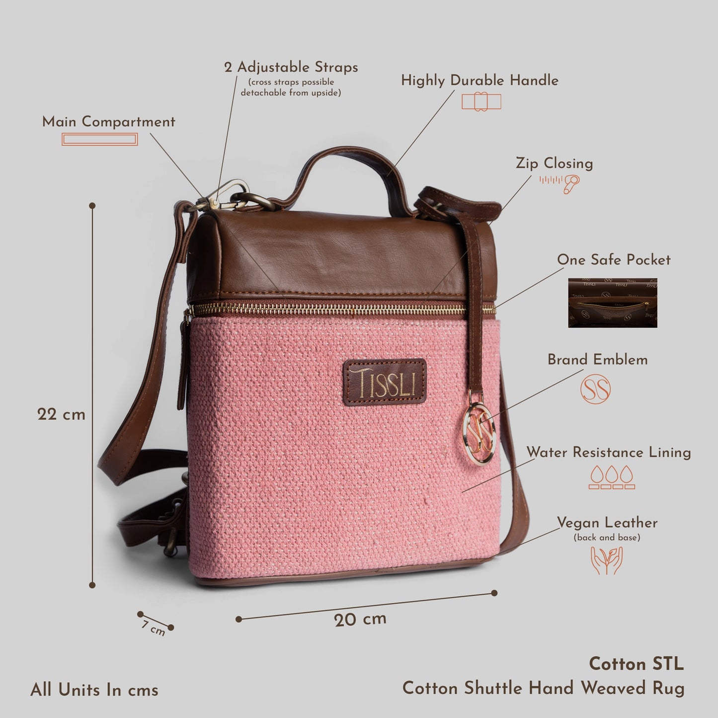 Roseate Canvas Backpack | Handwoven pink design with tan leather detailing for modern charm