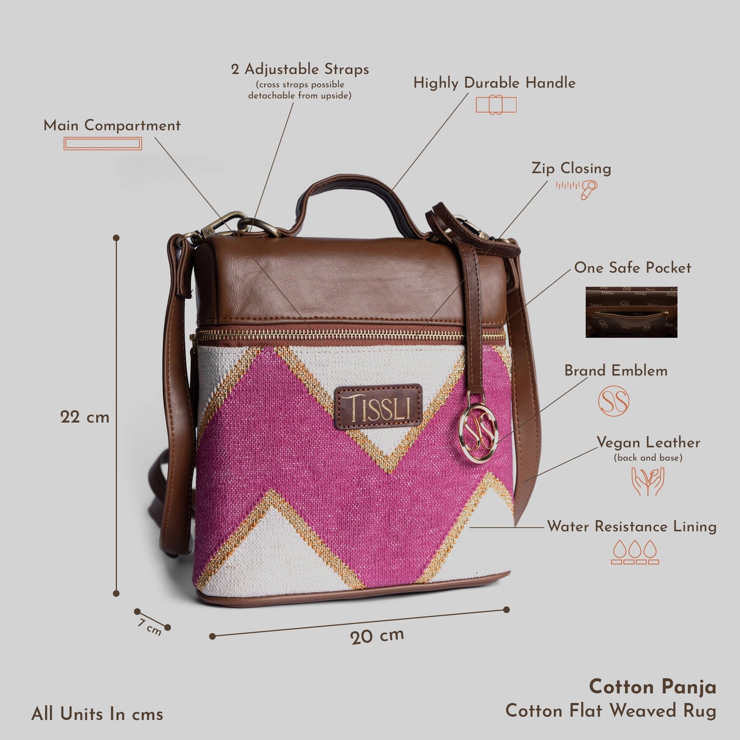 Fuchsia Fusion Chevron Cross Body Bag with Tan Leather Detailing | Handcrafted Statement Sling Bag